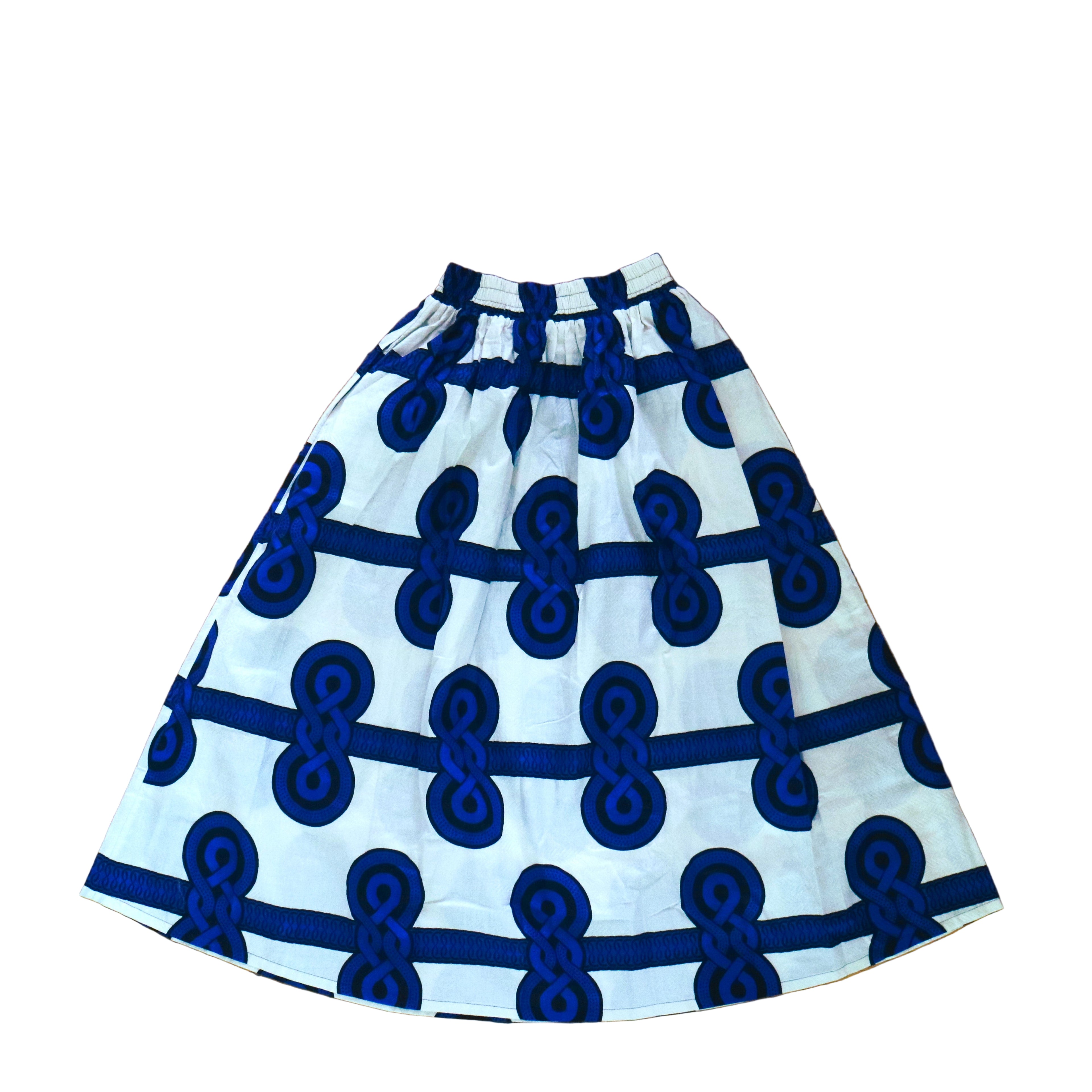 Skirt with blue and white pattern on a white background
