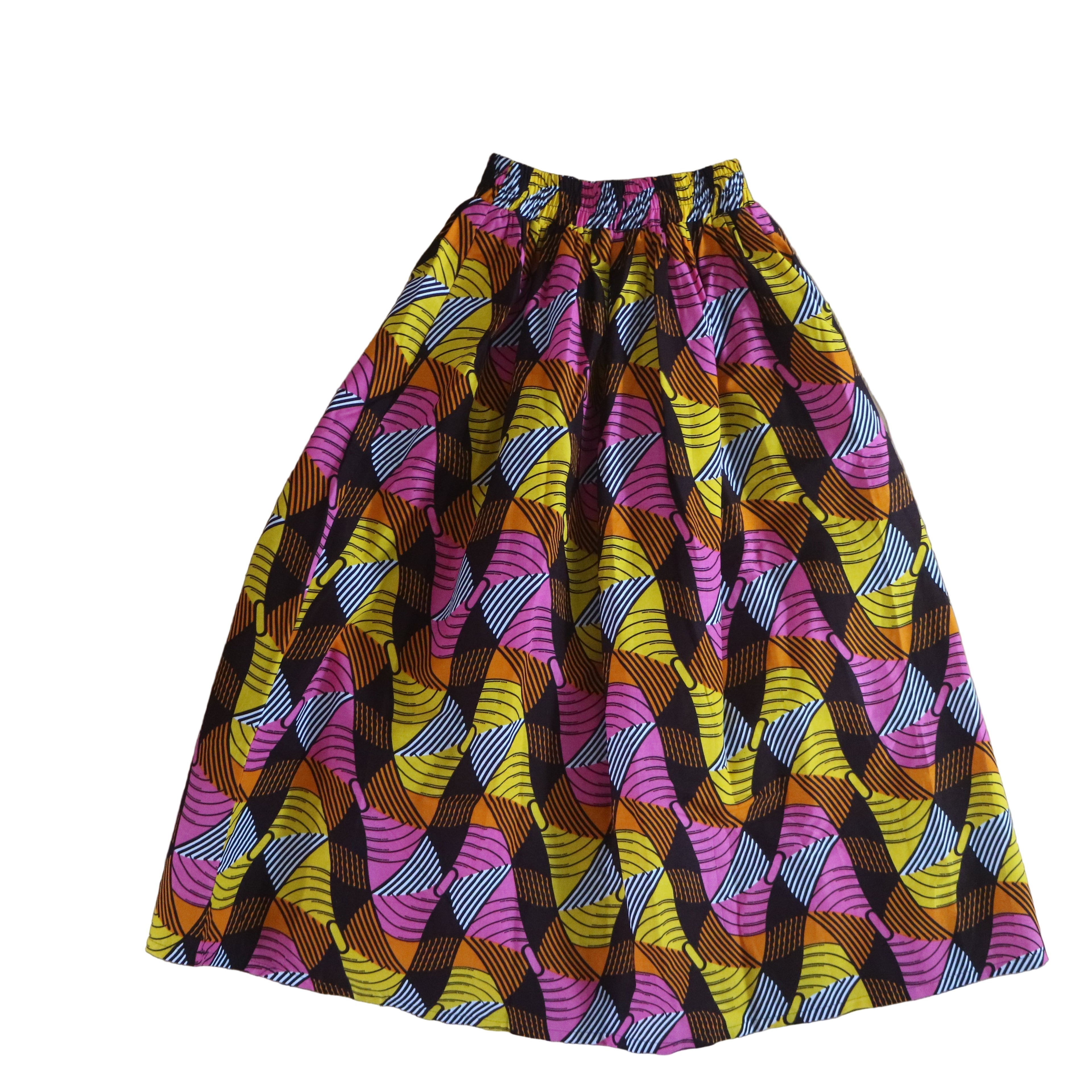 Colorful patterned skirt on a wooden floor